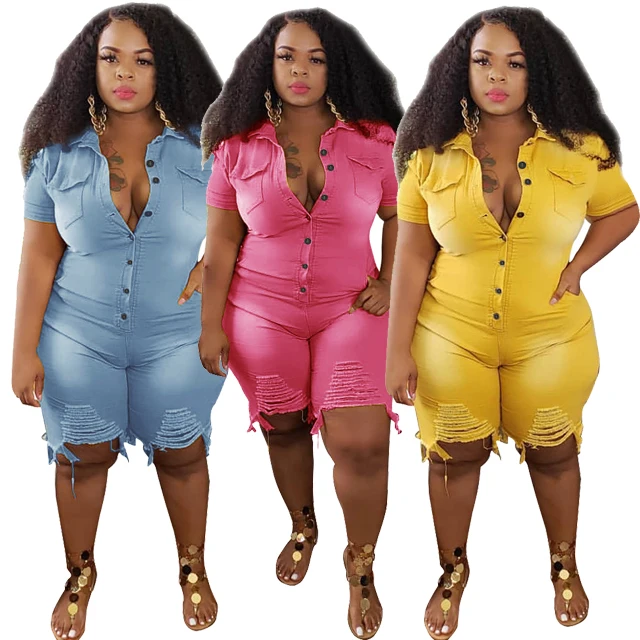 

GX3023 Drop Shipping Plus Size Women Clothing Short Sleeve One Piece Fashion Summer Plus Size Denim Jumpsuits, Sublimation print