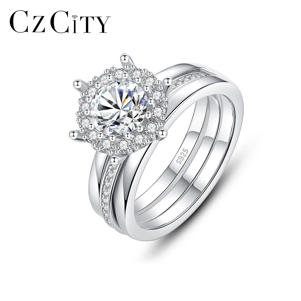 

CZCITY 1ct Moissanite 925 Sterling Silver Big Cocktail Moissanite Diamond Wedding Promise Ring Set