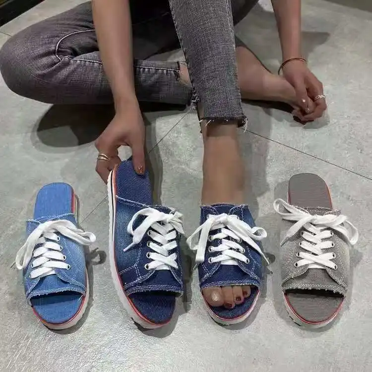 

Fashion Women Peep-toe denim Sandals Breathable Summer Shoes Comfortable Casual Slippers Ladies New Flat Shoes
