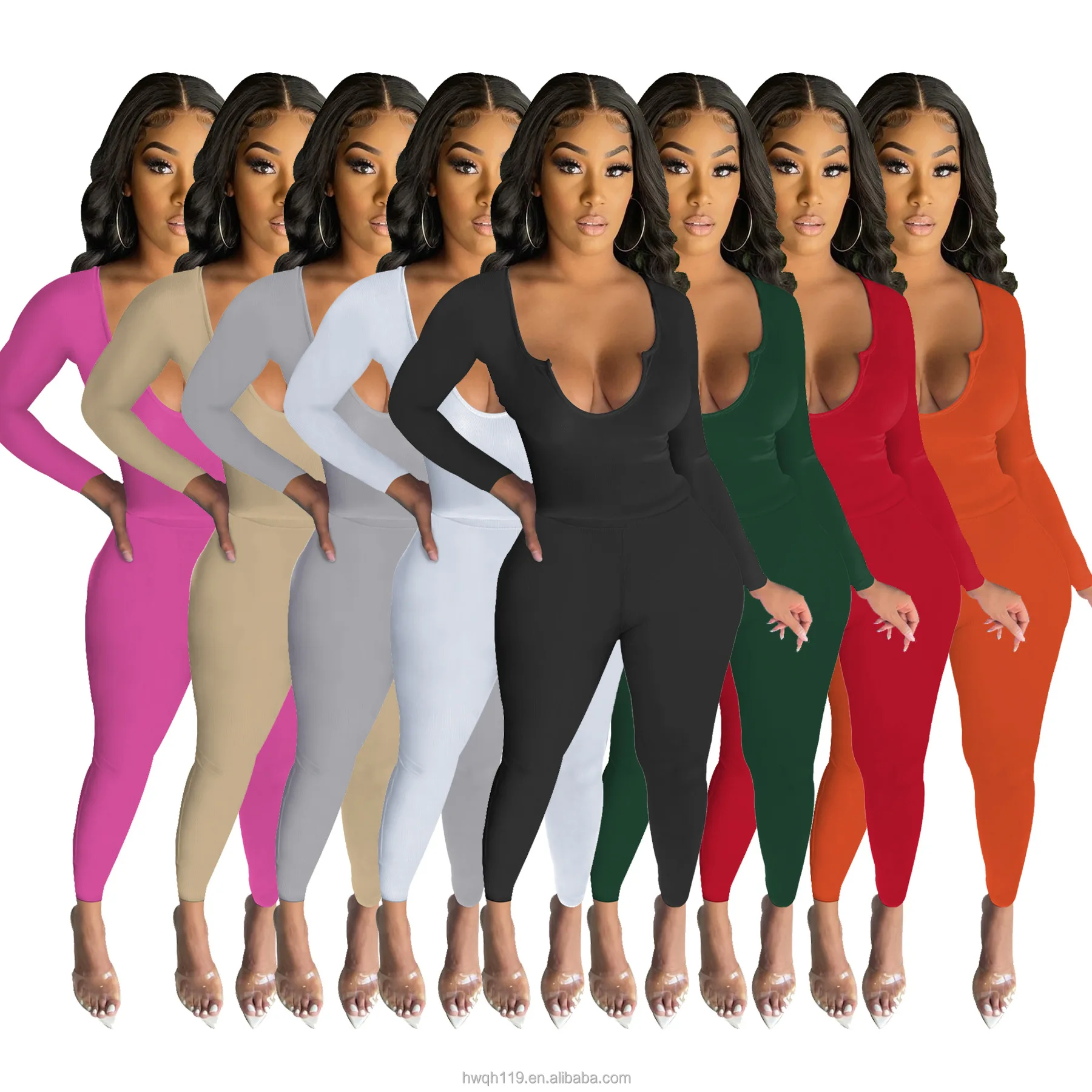 

2021 Autumn plus size Rib knit v neck 2021 Sexy Ladies Bodycon Rompers nightclub long sleeve Wear fall Women One Piece Jumpsuit, Photo color