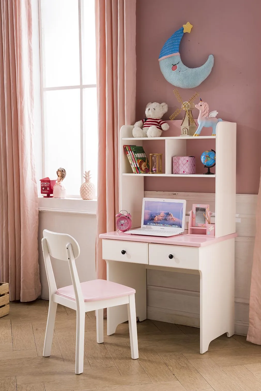 High quality pink+red solid wood bunk bed and other children furniture
