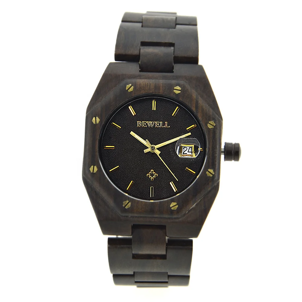 

Factory custom case wood octagonal shape men watches brand your own logo black wrist watch