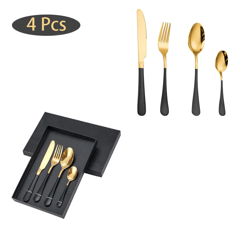 

Metal Mirror Polish Gold 4 pcs Stainless Steel Knife Fork Spoon Teaspoon Golden Utensil Cutlery Flatware Set, Customized color