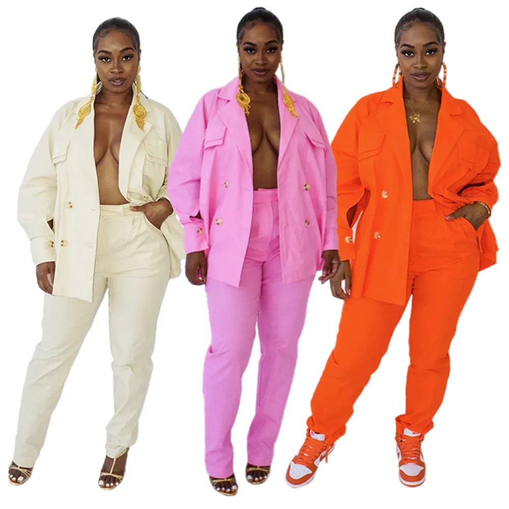 

OW121050 New Style Turn-down Collar Single breasted coat outfits fall Solid color Casual long pant women blazers two piece set