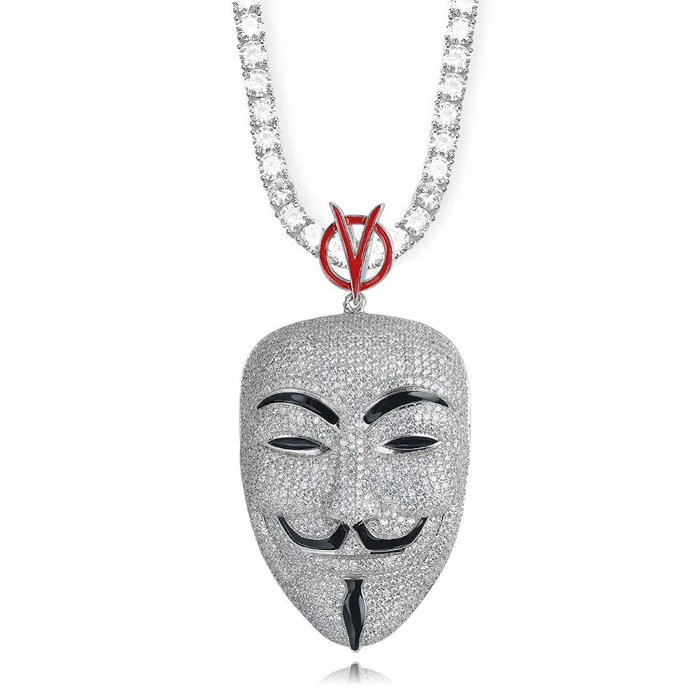 

New Bling jewelry ins hip hop iced out full diamond shine large silver v for vendetta mask male lead cz avatar pendant necklace
