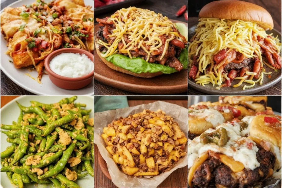 Colorful array of dishes featuring roasted Hatch green chile peppers including enchiladas, cheeseburger, and creamed chile sauce