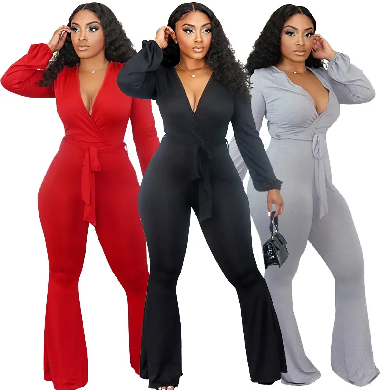 

J one pieces deep neck sexy jumpsuit Hot sell china factory supply hight waist wide leg fall romper woman jumpsuit latest