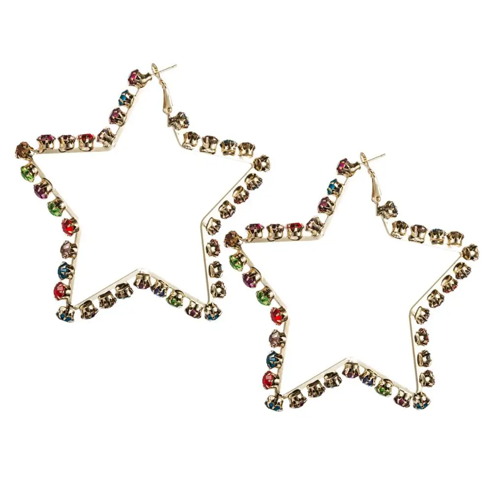 

C&J New Design 18K Gold Plated Hollow Geometric Bling Large Rhinestone Star Hoop Earrings For Girls