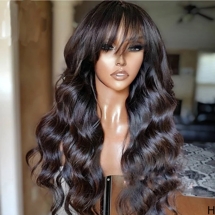 

100% virgin human hair 8"-30" machine made wig bang wig no lace natural color body wave wig with bang
