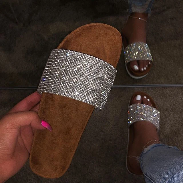 

Fashion Rhinestones Cork Sole Slides Slippers for Women Ins Diamonds Sandals Slipper Summer Outdoor Beach Flat Sandal for Ladies