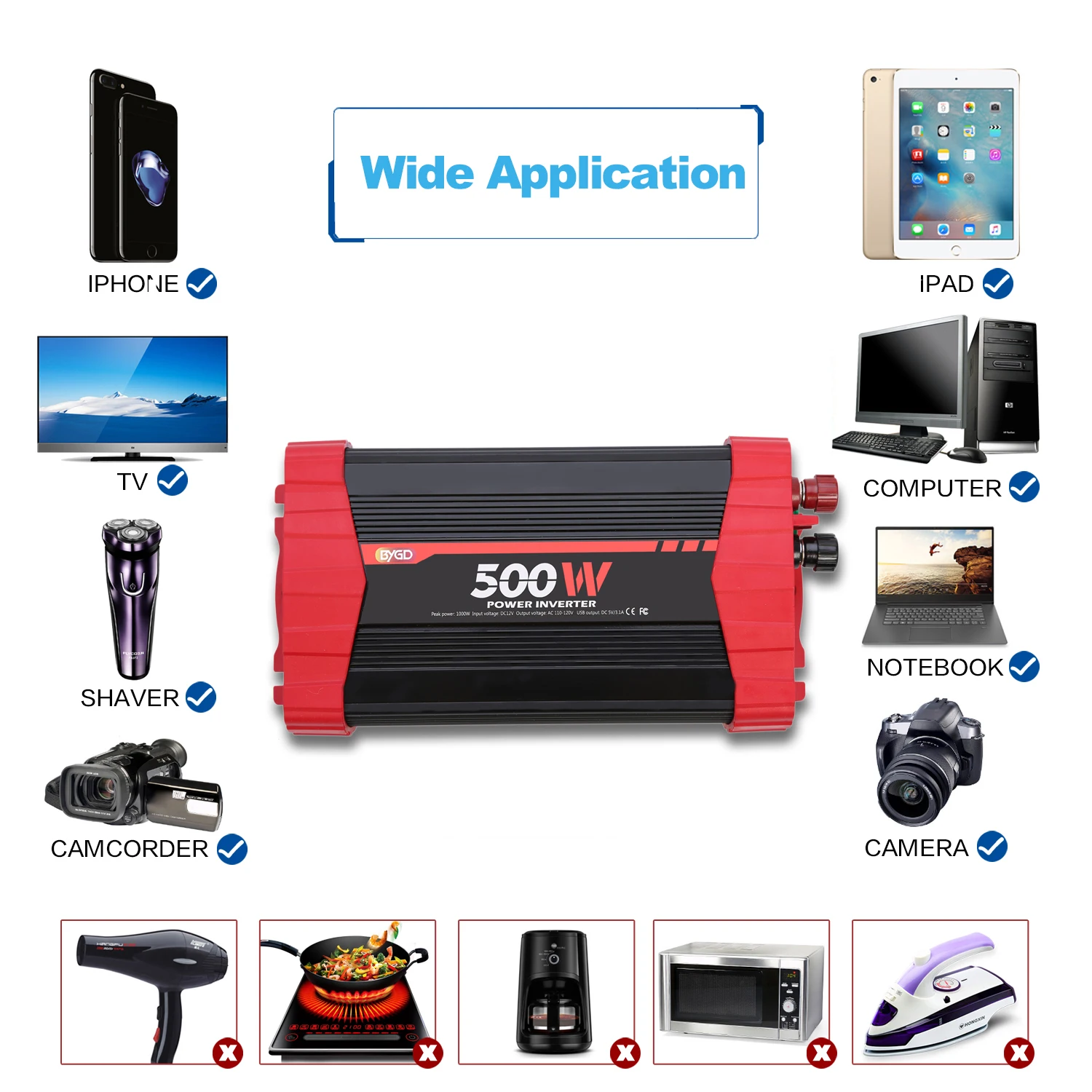 Bygd 500w Car Power Inverter Dc To Ac Inverter 12v/24v 110v/220v Power