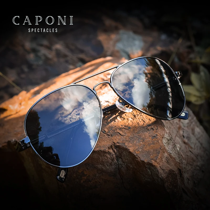 

CAPONI Vintage Aviation Mens Metal Photochromic Polarized Sunglasses Day And Night Driving Sun Glasses UV400