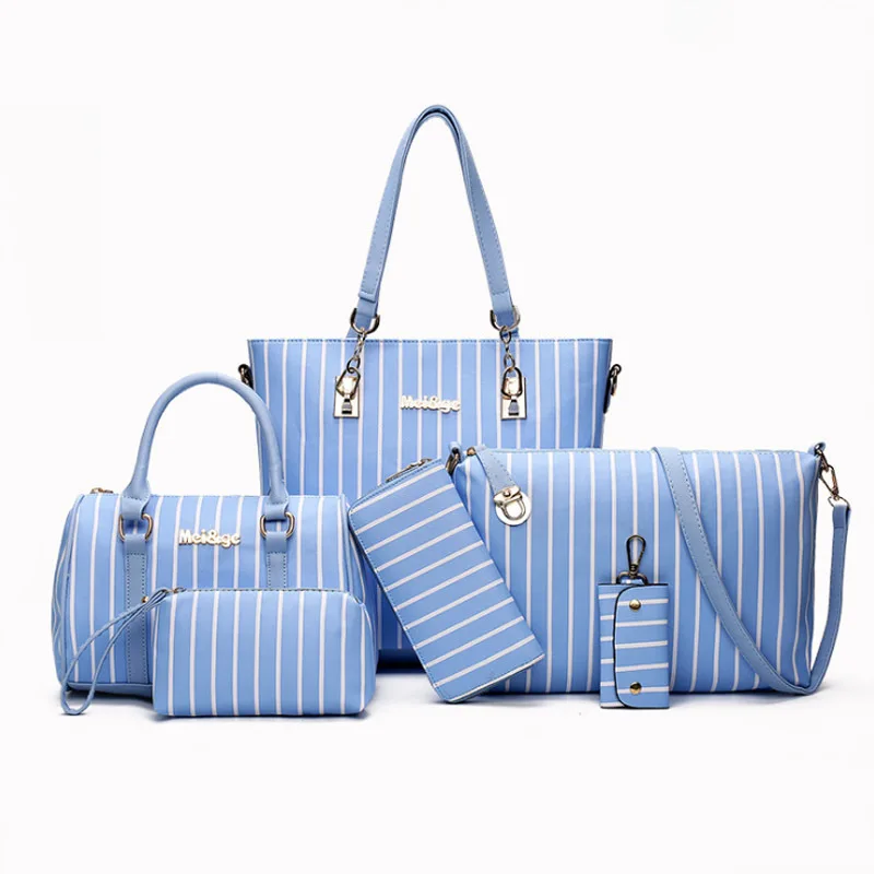 

Hot sale Striped trendy PU leather lady bags set women handbags ladies 6 piece in one set, Gray,black,blue,pink