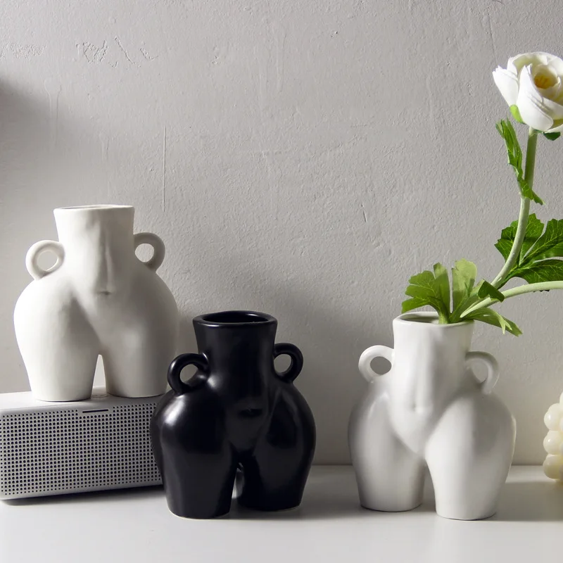 

Wholesale cheap Hand made Black and White ceramic vases tabletop art ass body vase for hotel home decor porcelain flower pot