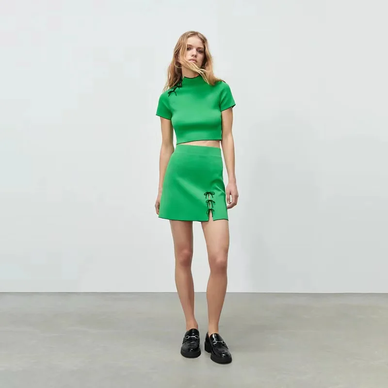 

Women's Knit Top Two Piece O-Neck Short Sleeve Tie Contrast Color Top Bow Tie Slit Skirt Pack Hip Elegant womens sweater sets, 5 colors