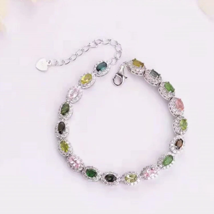 

Factory Wholesale Gemstone Jewelry 925 Sterling Silver 3x5mm Natural Tourmaline Women Bracelet, Multi color