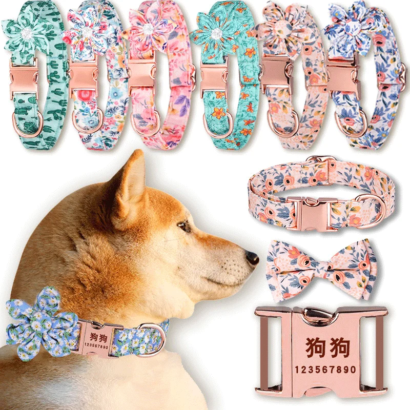 

Custom Lettering Cotton Pet Dog Cat Collar Leash Set Para Perro Adjustable Metal Buckle Luxury Flower Plaid Pet Dog Leash Collar, Multicolor