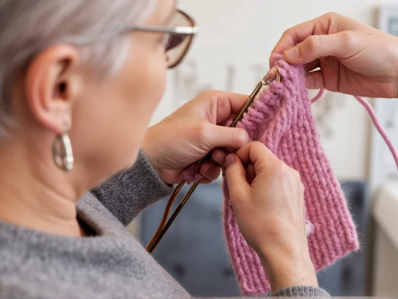 Senior using adaptive knitting tools with large needles