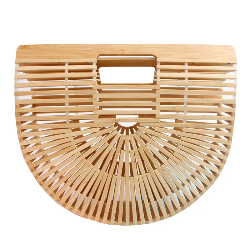 

Hot sale handmade retro purse ladies bamboo rattan handbag portable clutch bag outdoor Hand Made Weave Semicircular Holiday Beac, Natural