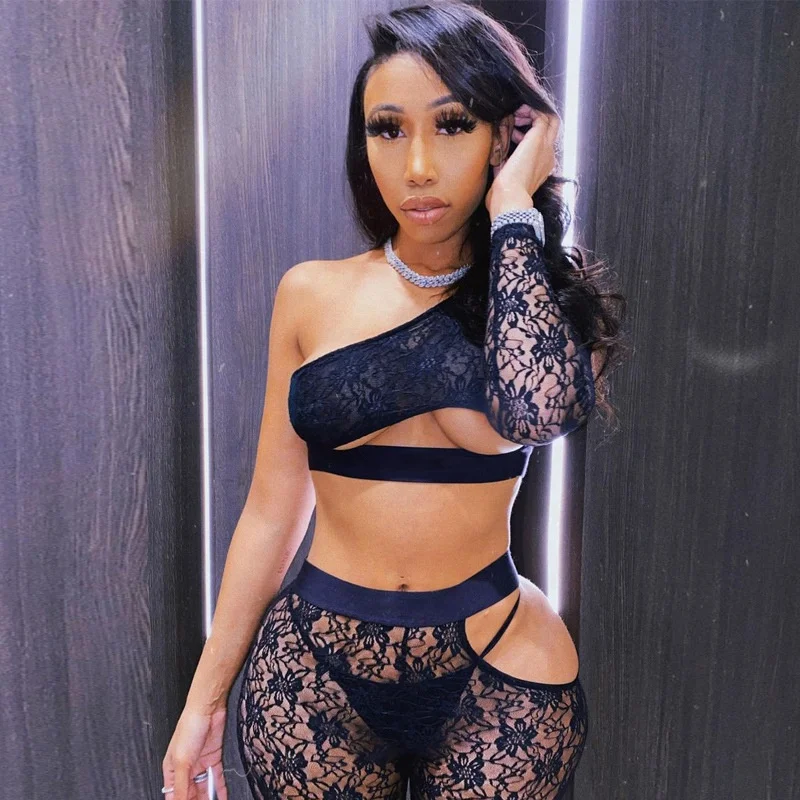 

QC-S0C4062 2021 spring new style see through hollow out fashion casual mesh summer sets