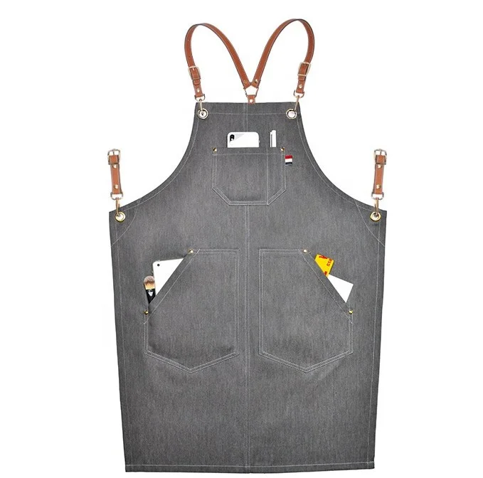 

SunYue Grey Barista Jean Leather Straps Bar Cafe Chef Work Custom Barber Denim Apron, Can be customized