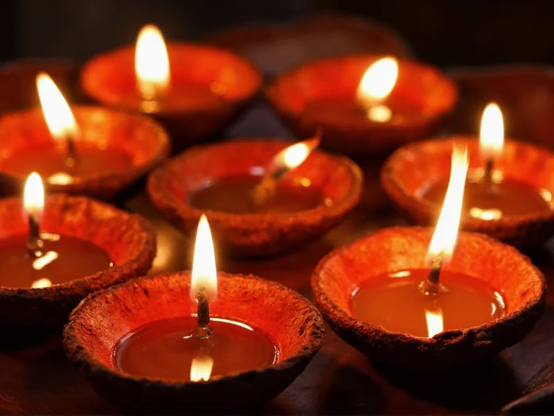 Multiple diya lamps arranged in traditional pattern for Diwali