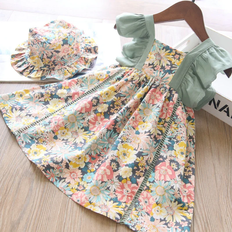 

Summer Toddler Clothes Sleeveless Cotton Backless Flowers Girls Dresses Infant Princess Dress+Sunhat, Picture shows