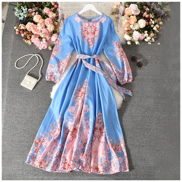 

D809 New Ladies Long Sleeve Vintage Print Sashes Slim Waist Maxi Dress Women Vintage Dresses Clothing