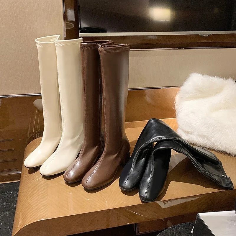 

Female shoes knight Boots Faux Leather Martin square and thick heel knee-high boots for ladies Boots, Black