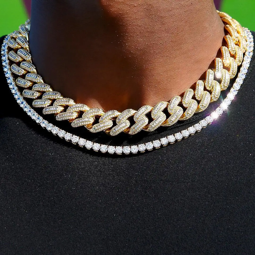 

in stock hop hop cuban necklace rectangle round cz paved iced out bling silver gold curb cuban chain 18mm