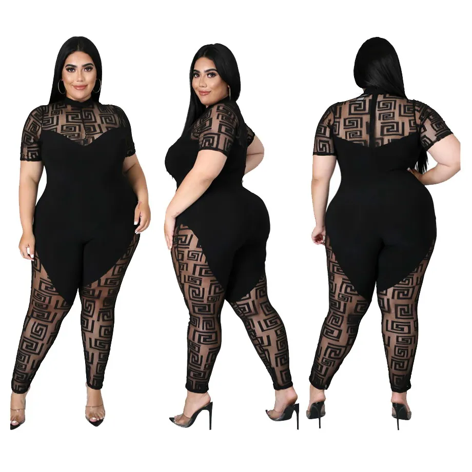 

Foma CY1617 summer sexy see-through polyester mesh black pants clubwear 2021 plus size jumpsuit with zipper for women, 1 color