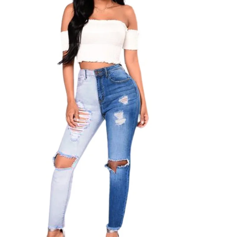 

Brazil Boyfriend Plus Size Patchwork Two-Tone White Blue Jeans Trousers For Women 2021 High Waist Ripped Denim Skinny Jeans