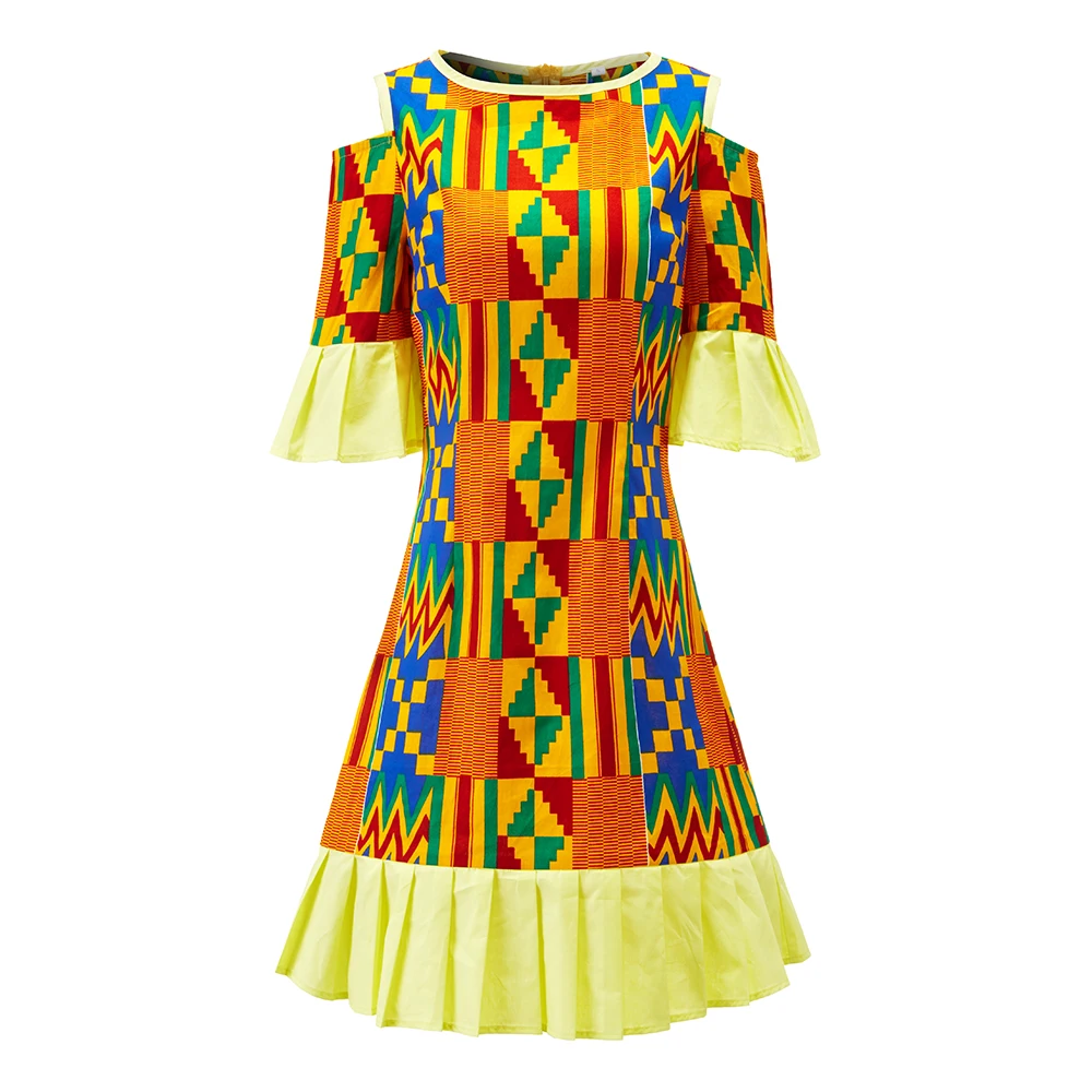 

2021 hot sale african print dress short sleeveless off shoulder short mini Kitenge Dress Designs For Women, Customized color