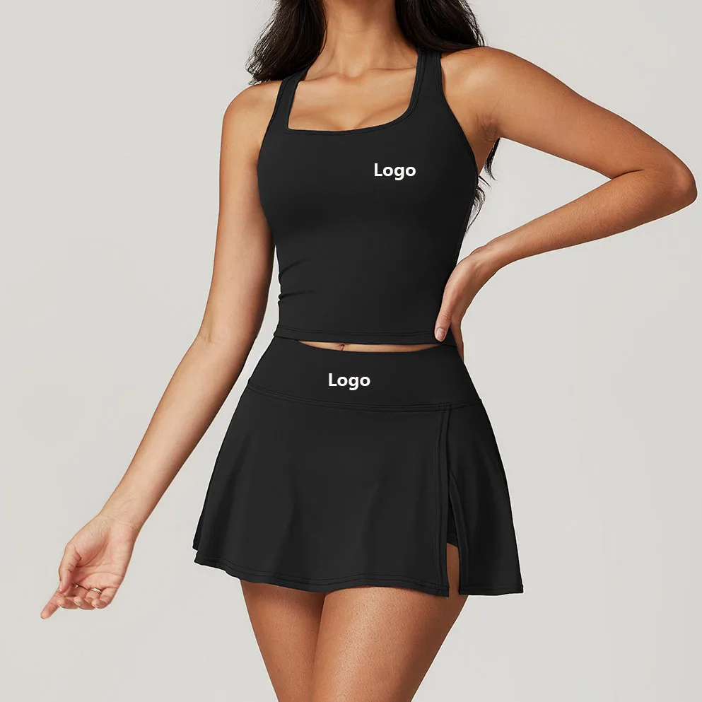 Custom Logo Women Quick Dry Slim Fit I Back Tank Top Slit 2 in 1 Skirt Set Golf Tennis Pickleball Wear 2 Piece Set