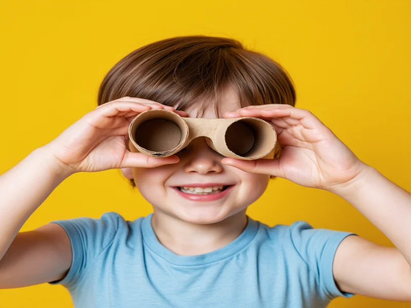 Child proudly holding handmade toilet paper roll binoculars