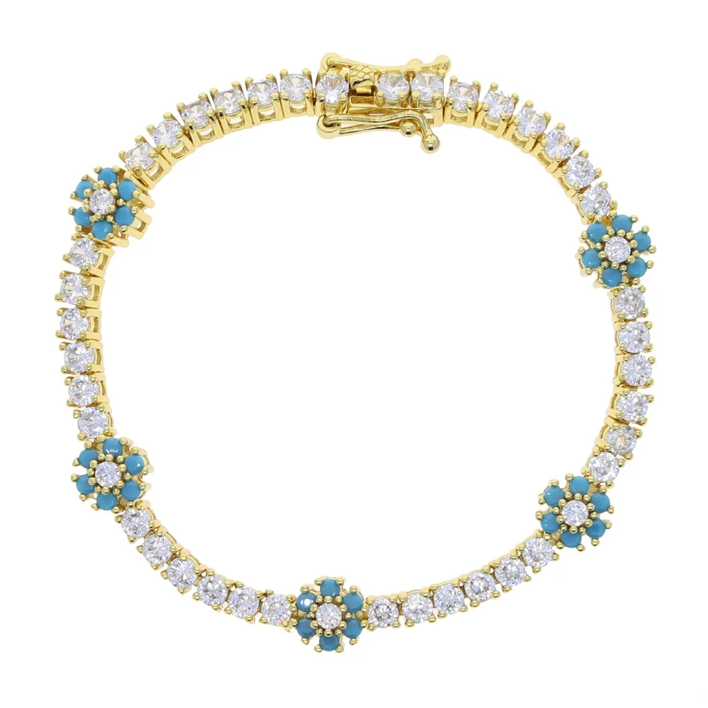 

Wholesale 3mm cz tennis chain bracelet bangle with colorful cz paved flower charm bracelet for women lady wedding jewelry