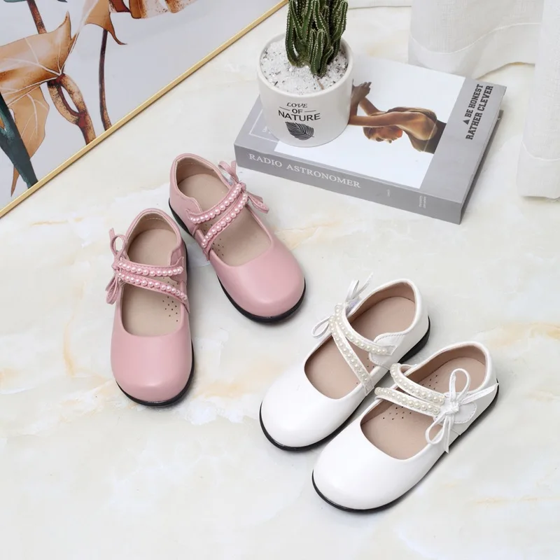 

B10958A Solid color girl princess small leather shoes pearls foreign style bow flat shoes, Customized