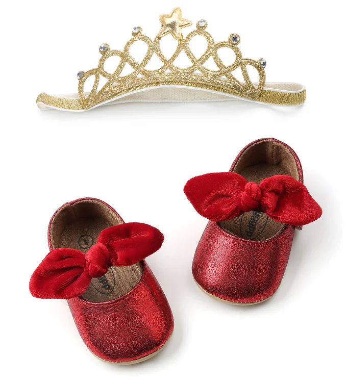 

2pcs/Set Crown Baby Girls Mary Jane Flats with Bowknot Non-Slip Toddler First Walkers Princess Dress Shoes