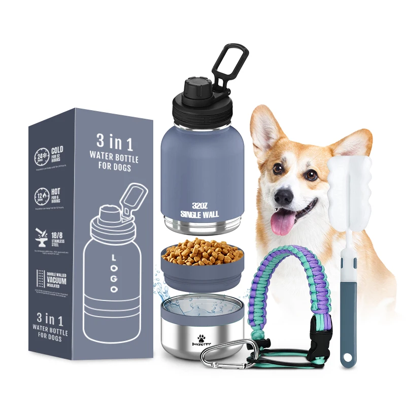 

In stock Dog Travel Water Bottle 3 in1 pets Stainless Steel 32oz dog with two food containers feeder bowl