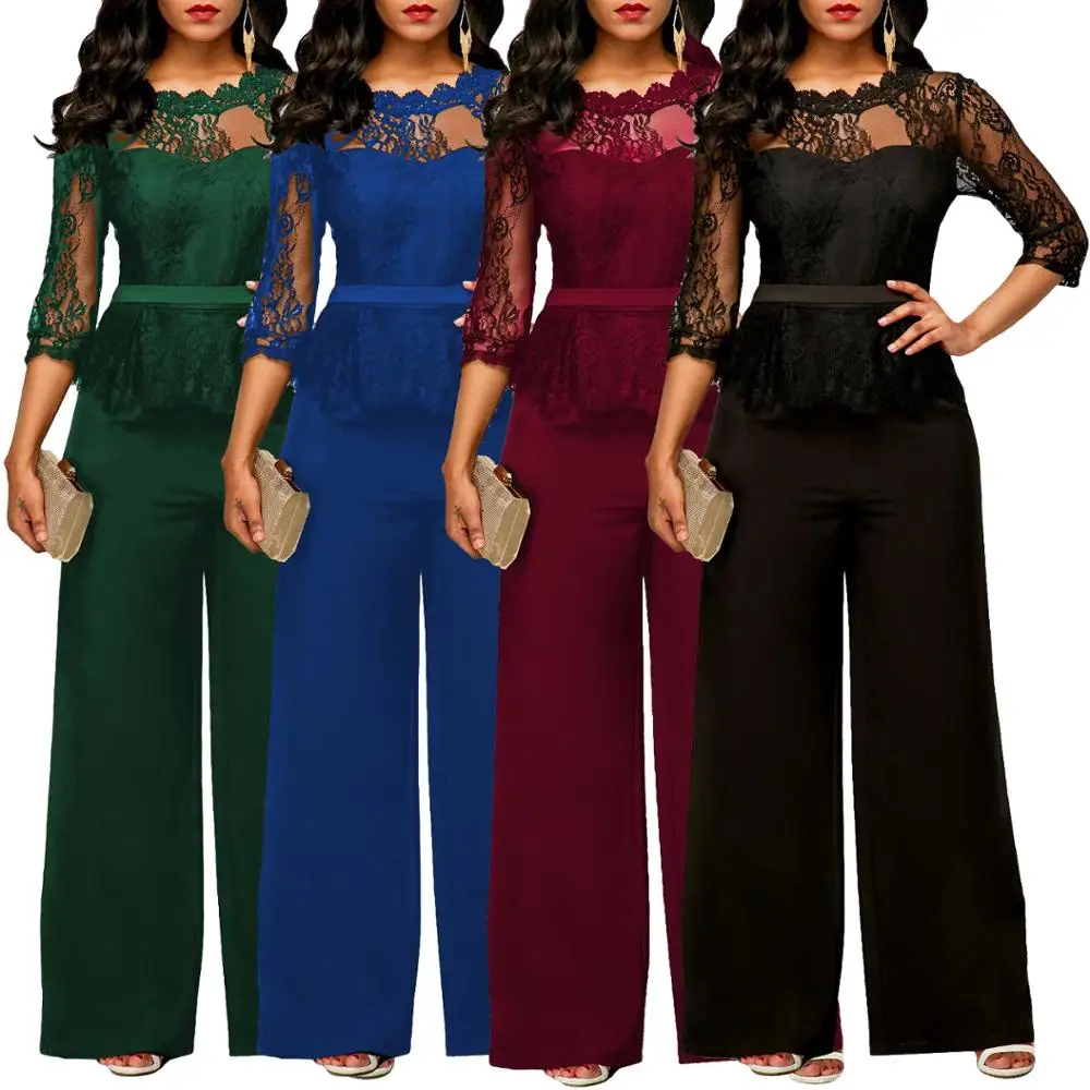 

New arrival lace top half sleeves one piece jumpsuit women with loose trousers