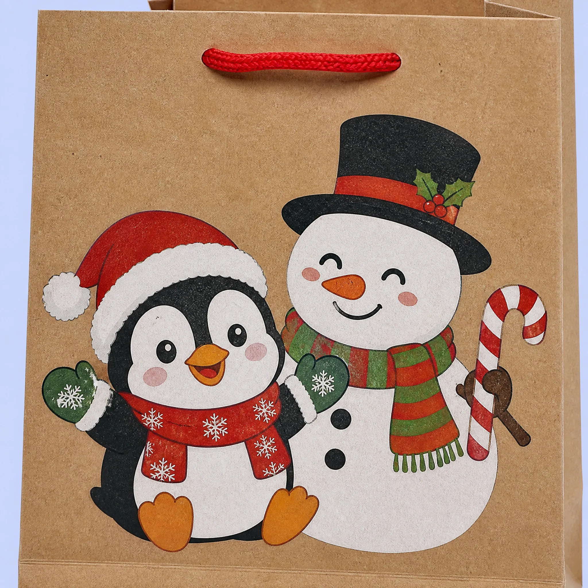 Original Chibi Penguin & Snowman Eco-Ink Print Close-up