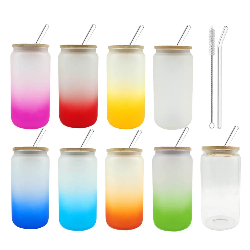 

Unique 16oz 500ml 20oz 600ml Sublimation Blanks Soda Beer Can Shaped Frosted Ombre Glass with Bamboo Lid and Glass Straw, Gradient, sublimation