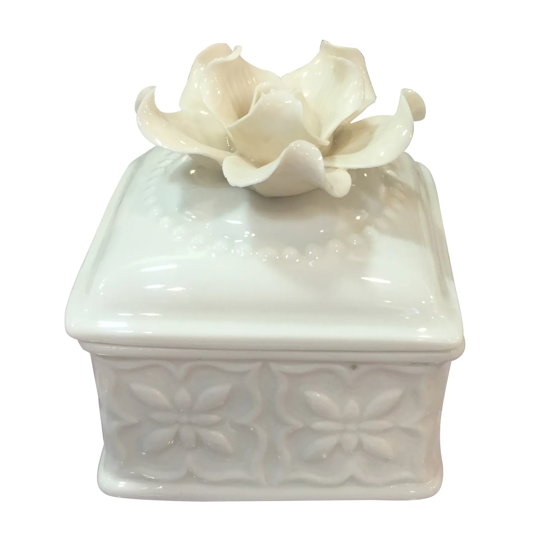 Glazed White Ceramic Jewelry Porcelain Trinket Box With Flower On Lid