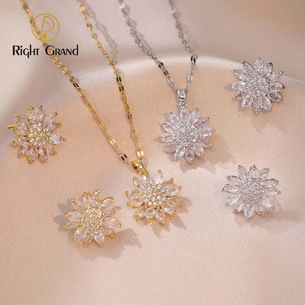 

New design sunflower zircon flower pendant temperament stainless steel necklace earring set