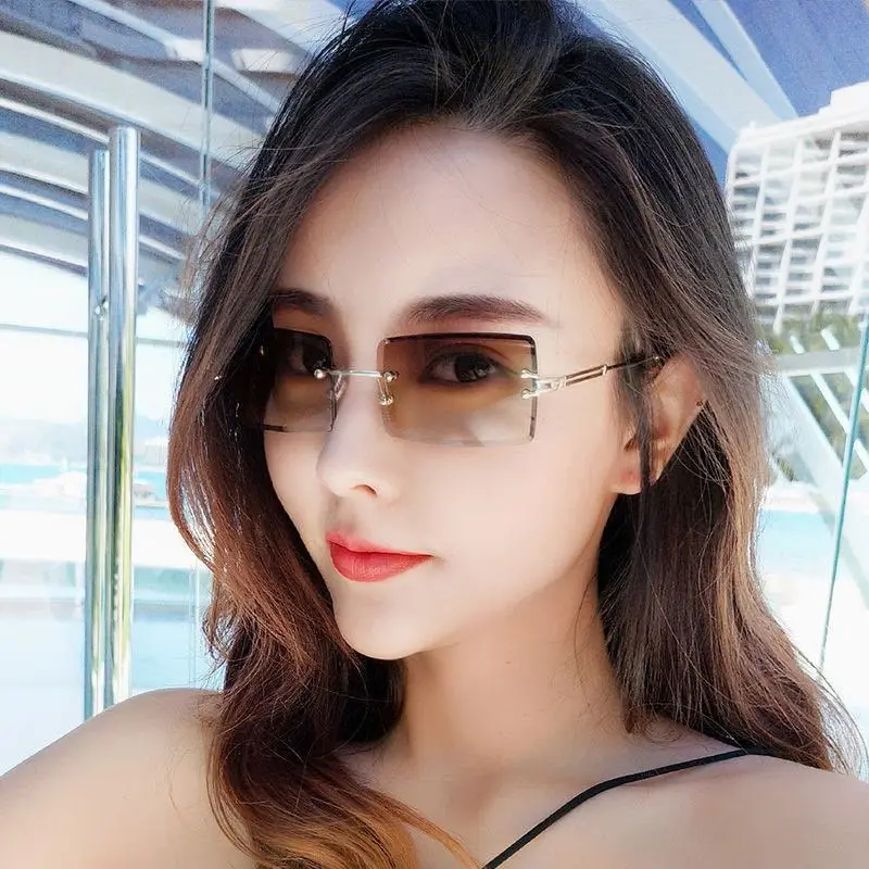 

Fashion Women Vintage Diamond Cut Ocean Lens Sun Glasses Small Rimless Rectangle Sunglasses 2021 gafas de sol, 8 colors