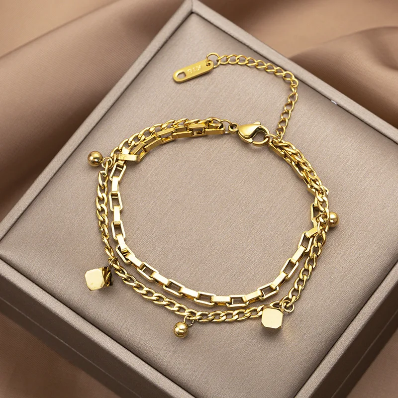 

Stainless Steel New Fashion Fine Jewelry Gold Color Hip-hop Multi-element Thick Chain Geometric Beaded Bracelet For women