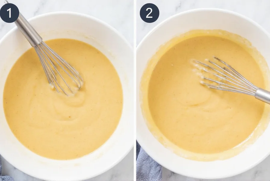 Step-by-step process of making cinnamon roll glaze in a white bowl with whisk, showing smooth consistency