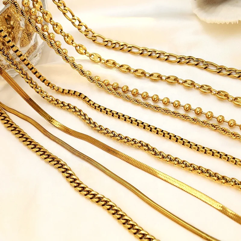 

18K Gold Stainless Steel Blade Twisted Chain Necklace Thick Cuban Snake Figaro Chains for Women Men