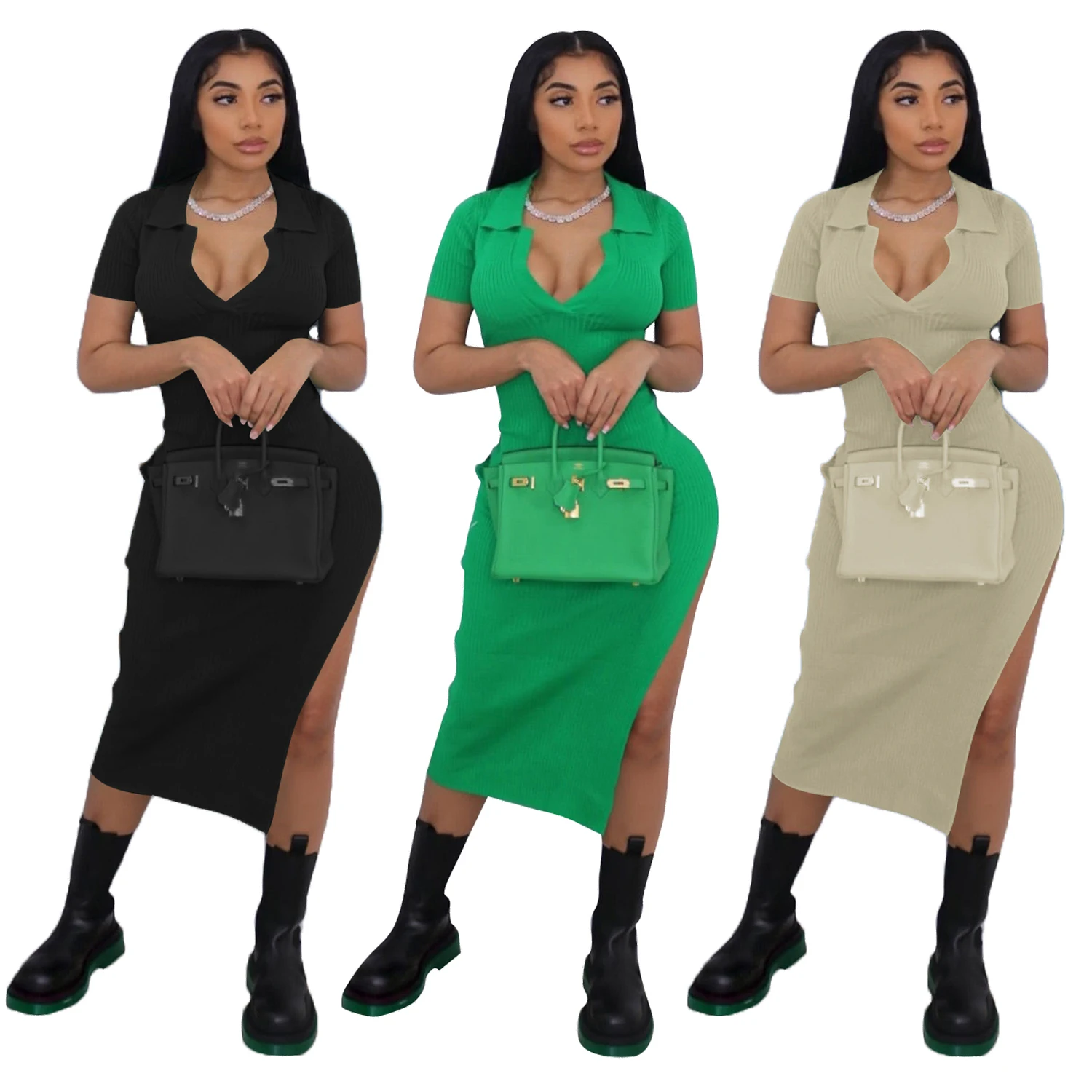 

2022 Casual Sexy Short Sleeves V Neck Bodycon Side High Split Dresses Midi Women, Picture