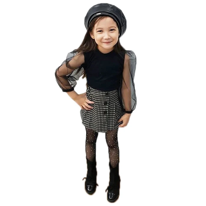 

Wholesale Breathable Long Sleeve Kids Plaid Skirt Lace Dress Girls Outfit, Black